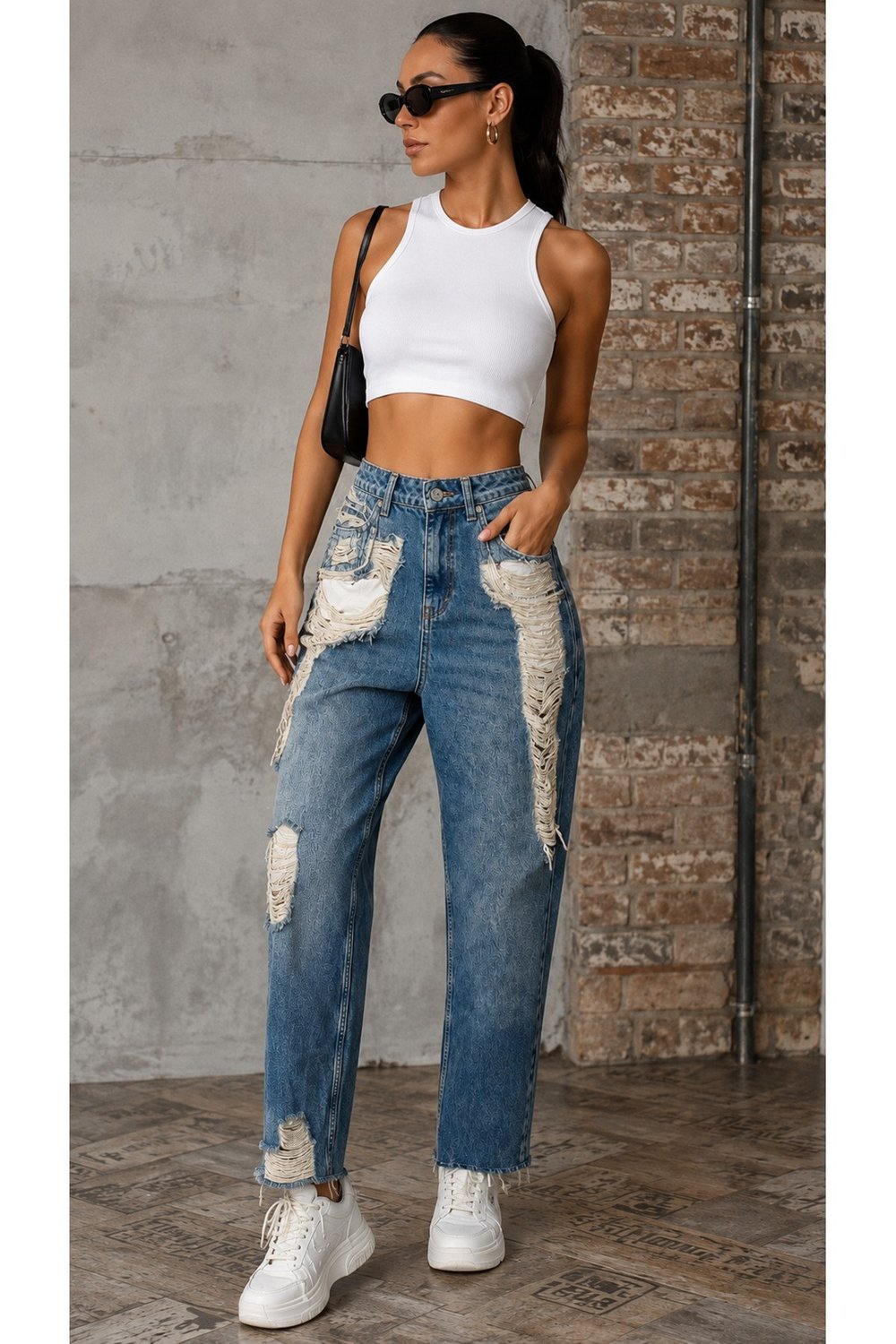 Premium Orijinal Markalı Yüksek Bel Yırtık Detaylı Wide Leg Denim Jeans Pantolon