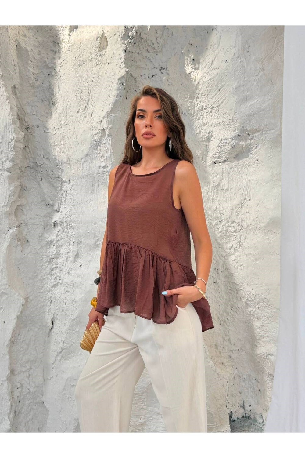 Premium Pamuk Modal Volan Detaylı Salaş Kesim Bluz