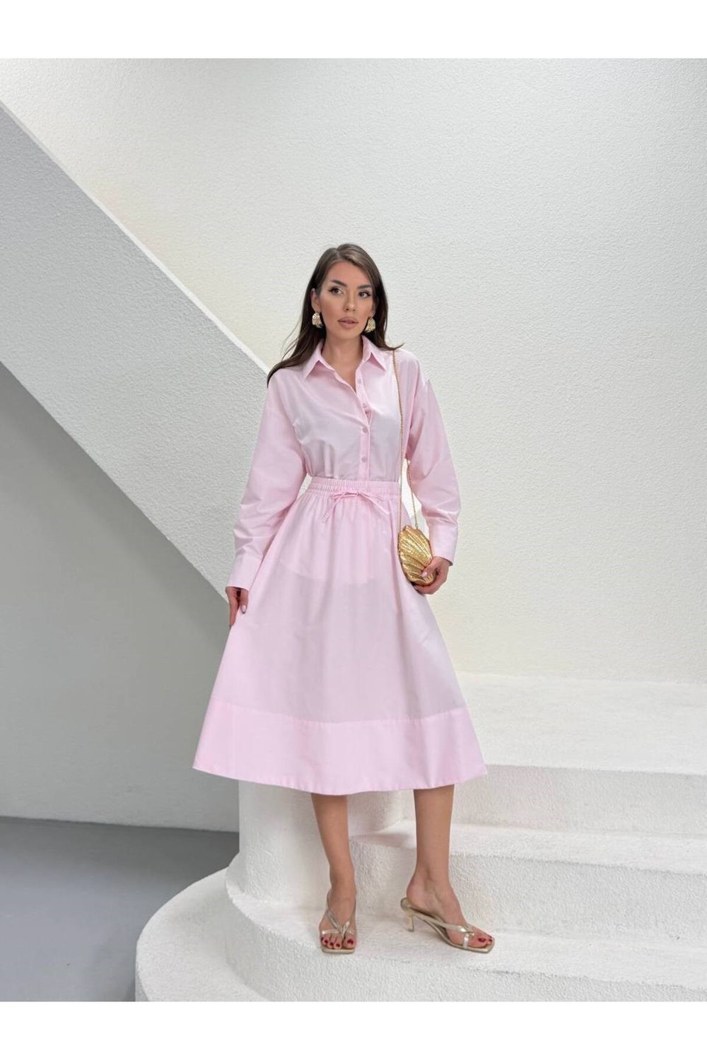 Premium Poplin Kumaş Gömlek Yaka Belden Büzgülü Midi Elbise