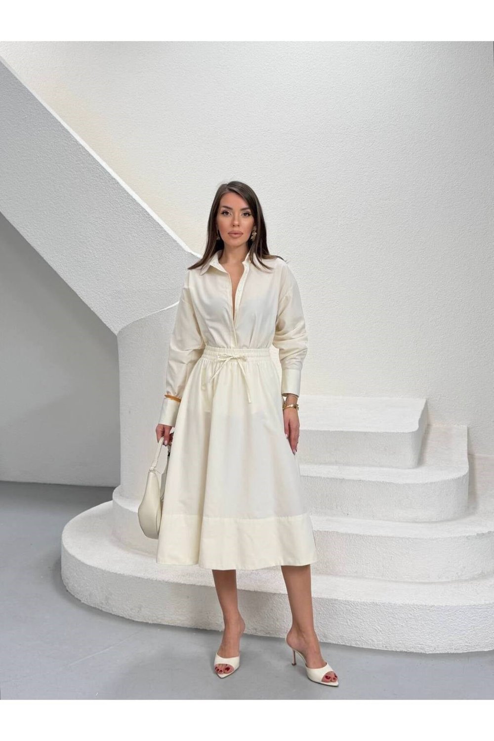 Premium Poplin Kumaş Gömlek Yaka Belden Büzgülü Midi Elbise