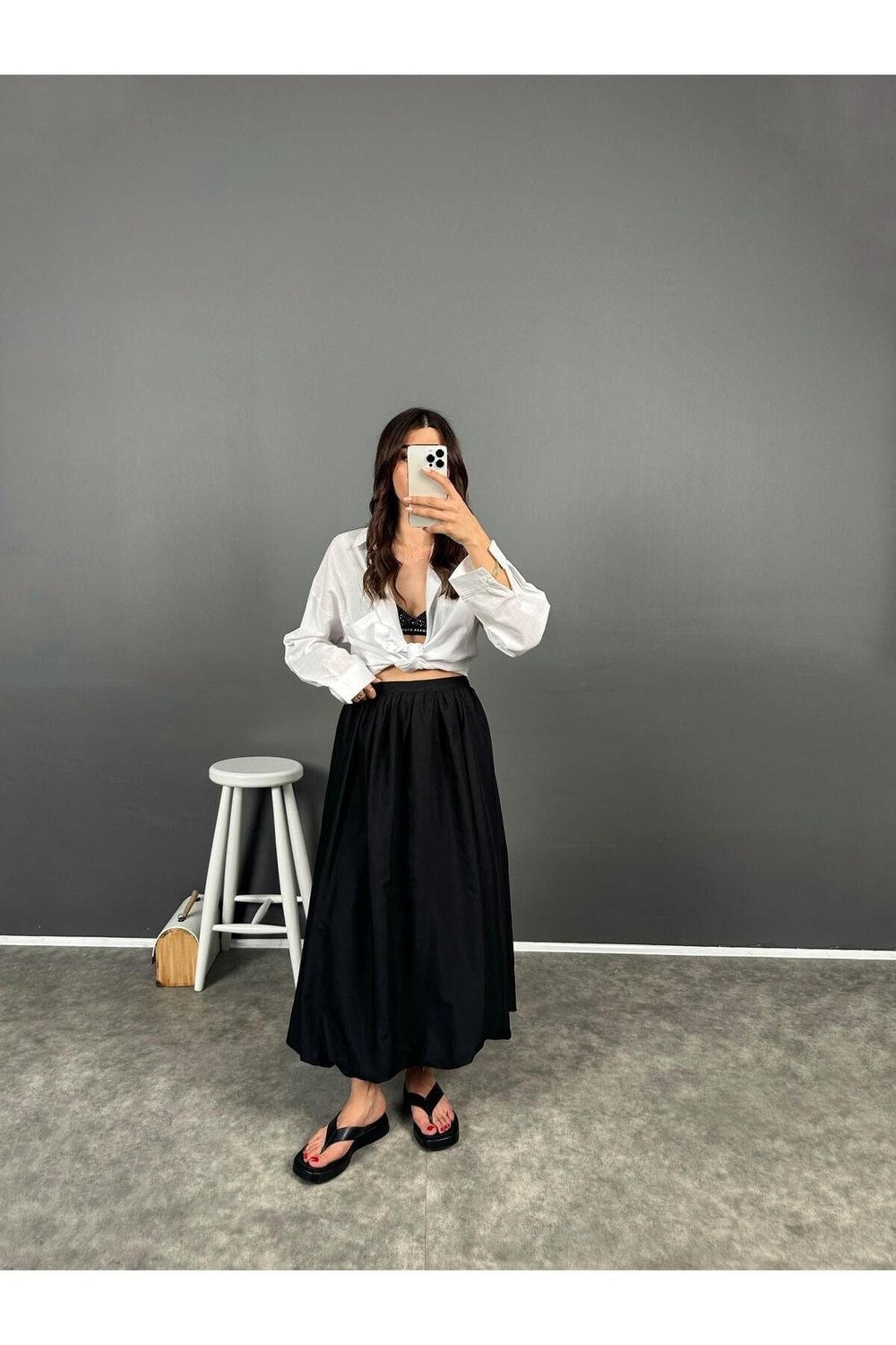 Siyah Beli Lastikli Poplin Yandan Cepli Etek