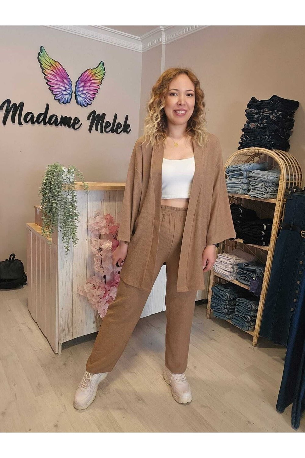 Sütlü Kahve Renk Kadın Kimono Bürümcük Kumaş Alt-üst Takım