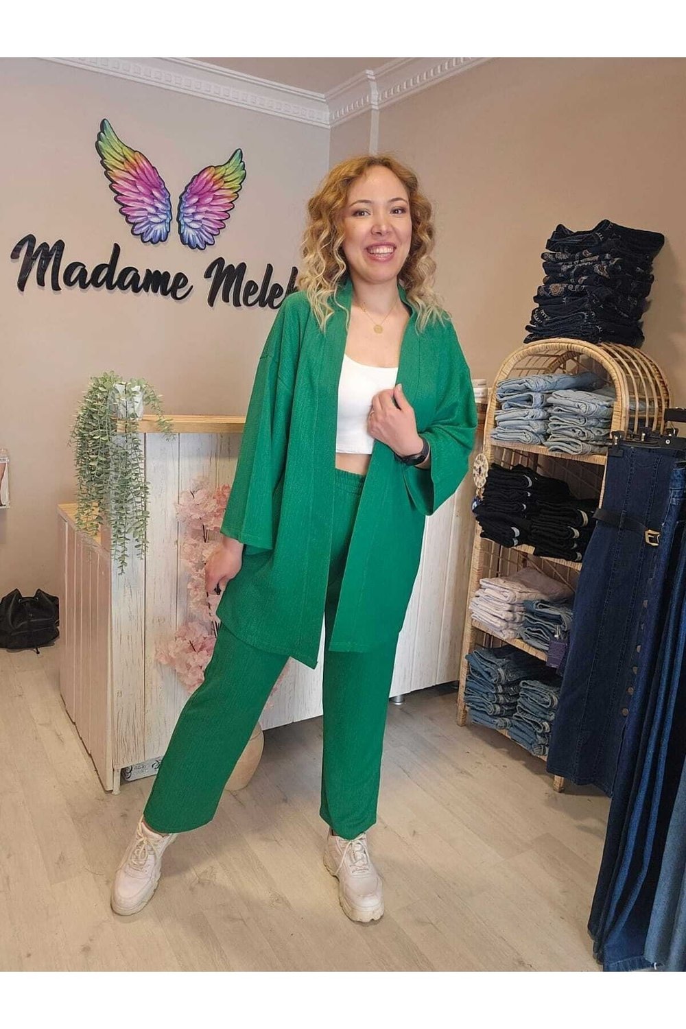 Yeşil Renk Kadın Kimono Bürümcük Kumaş Alt-üst Takım
