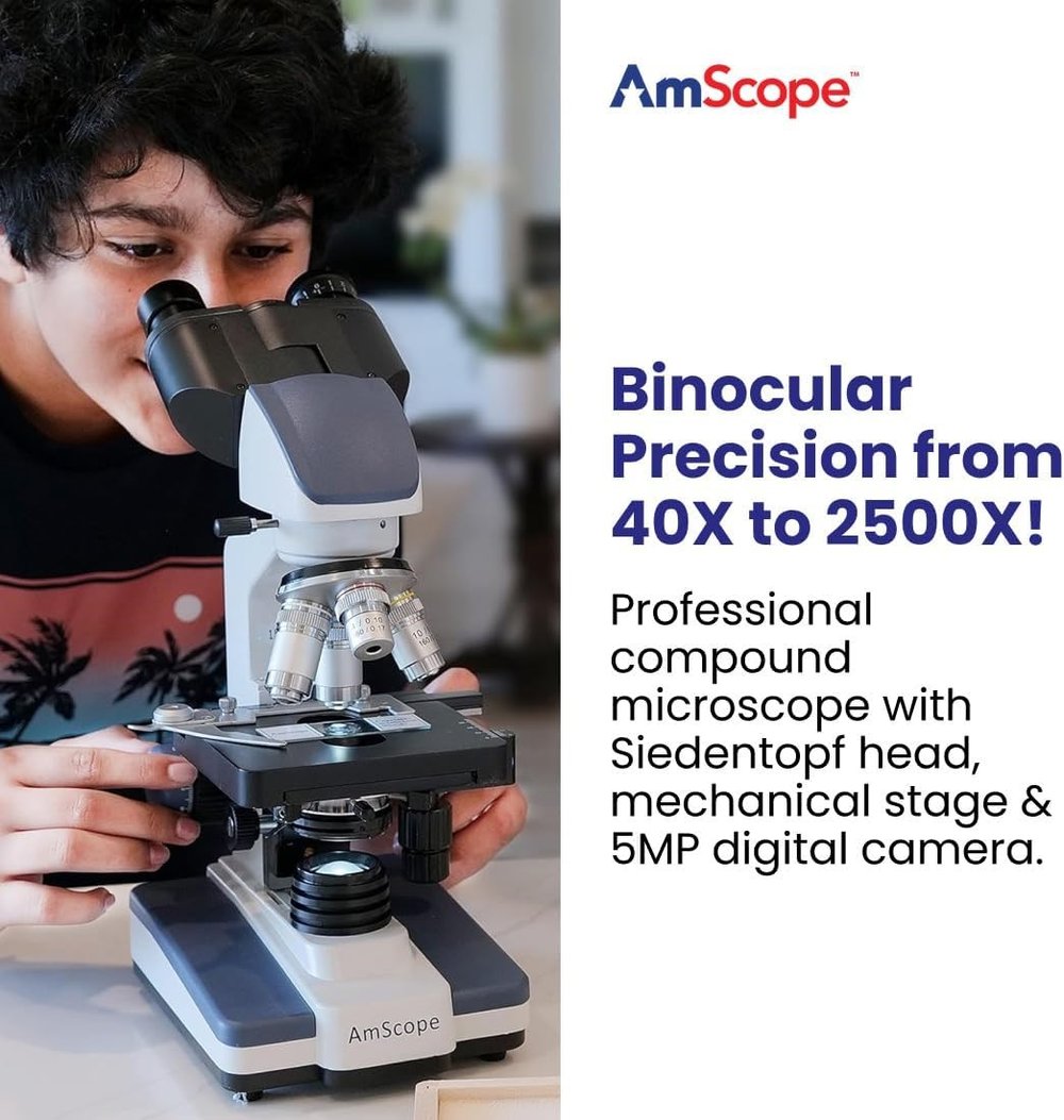 AmScope 40X-2500X LED Dijital Binoküler Bileşik Mikroskop 5MP Kamera