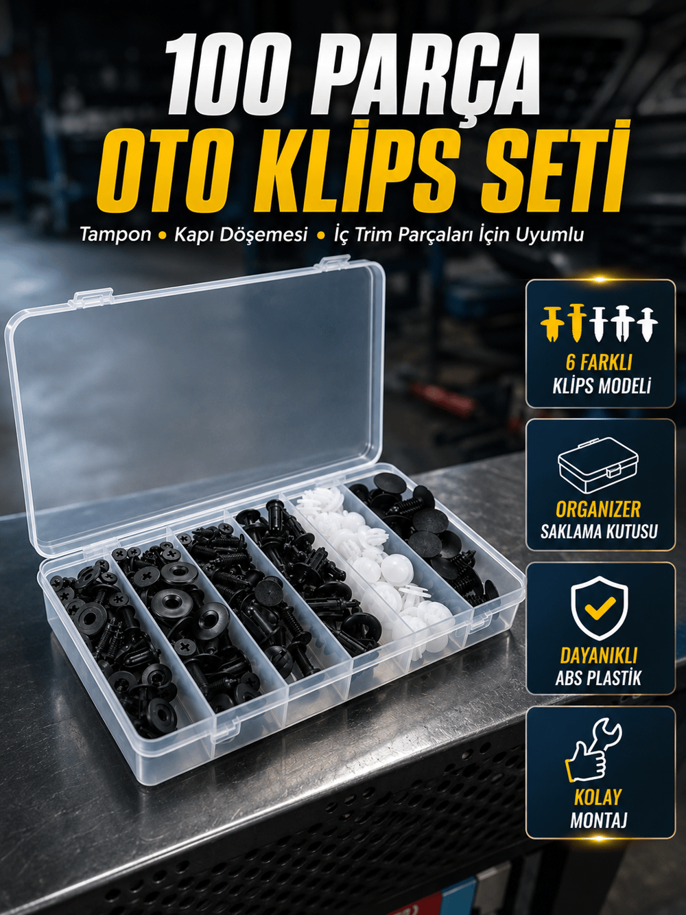 100 Parça Oto Döşeme Klipsi Seti Tampon, Kapı Paneli ve Plastik Trim Sabitleme Klipsleri