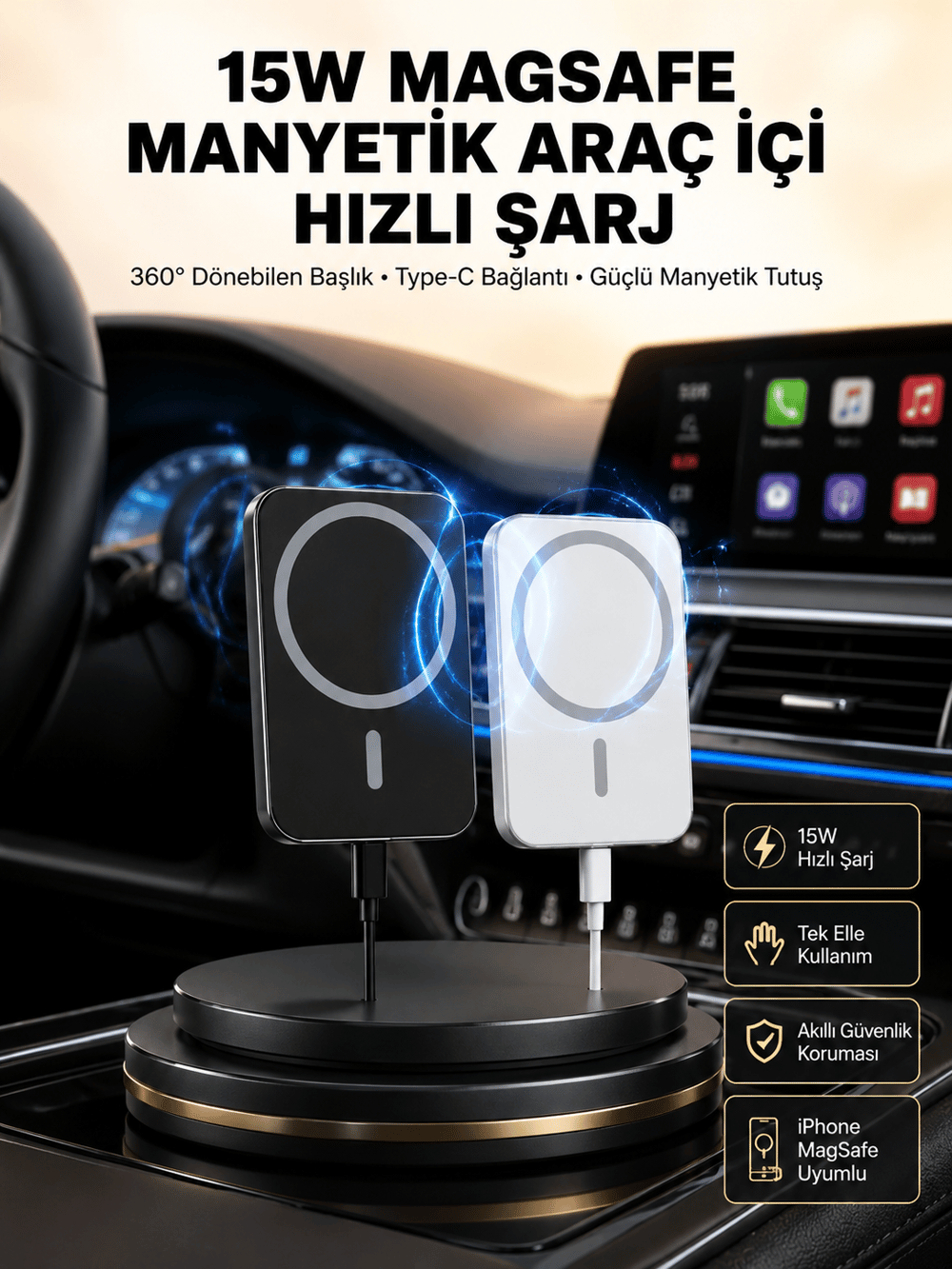 15W Kablosuz Şarj Destekli MagSafe Araç Tutucu Havalandırma Klipsli