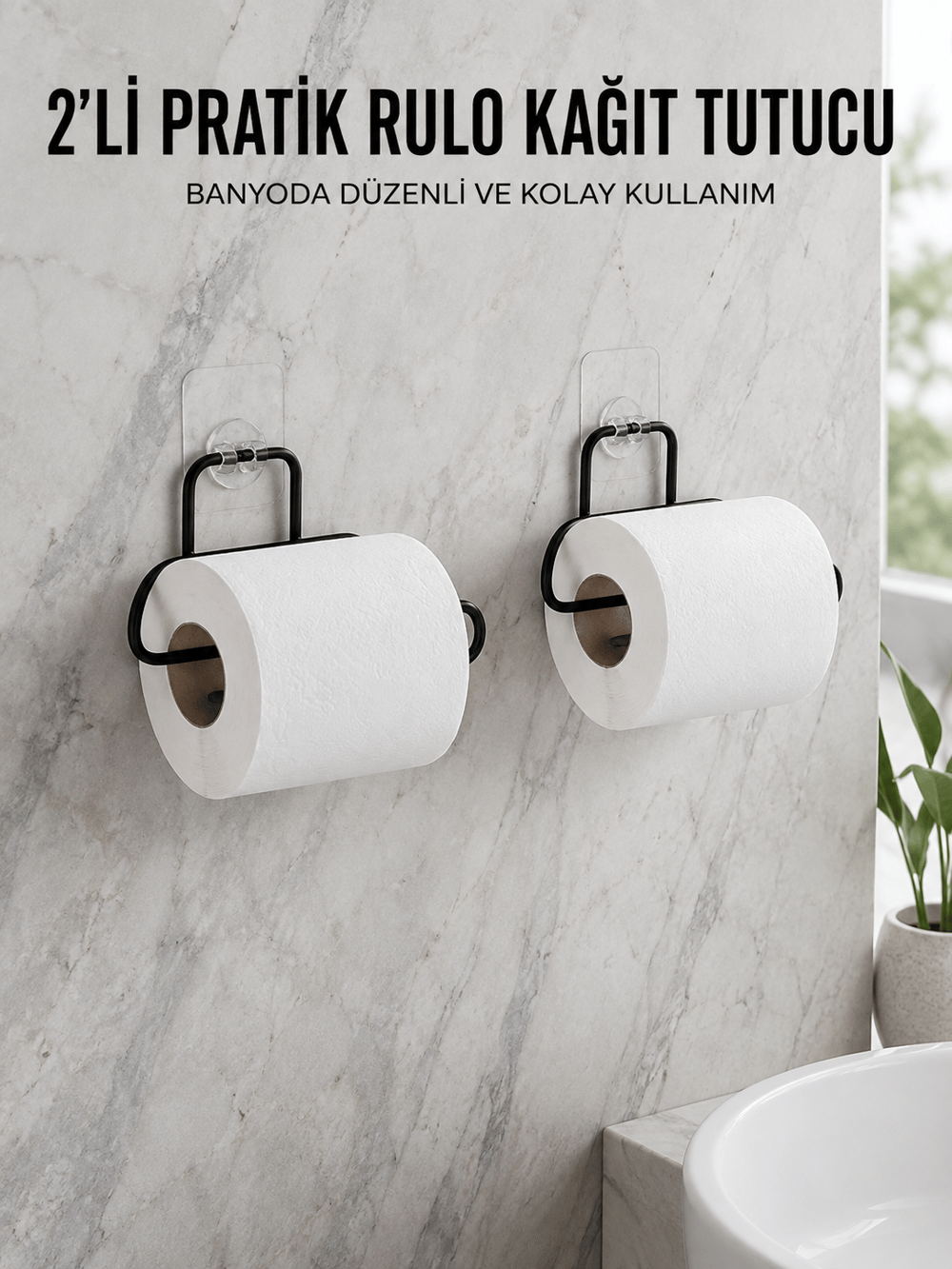 2 Adet Siyah Yapışkanlı Kağıtlık Duvar Tipi Tuvalet Kağıdı ve Rulo Tutucu