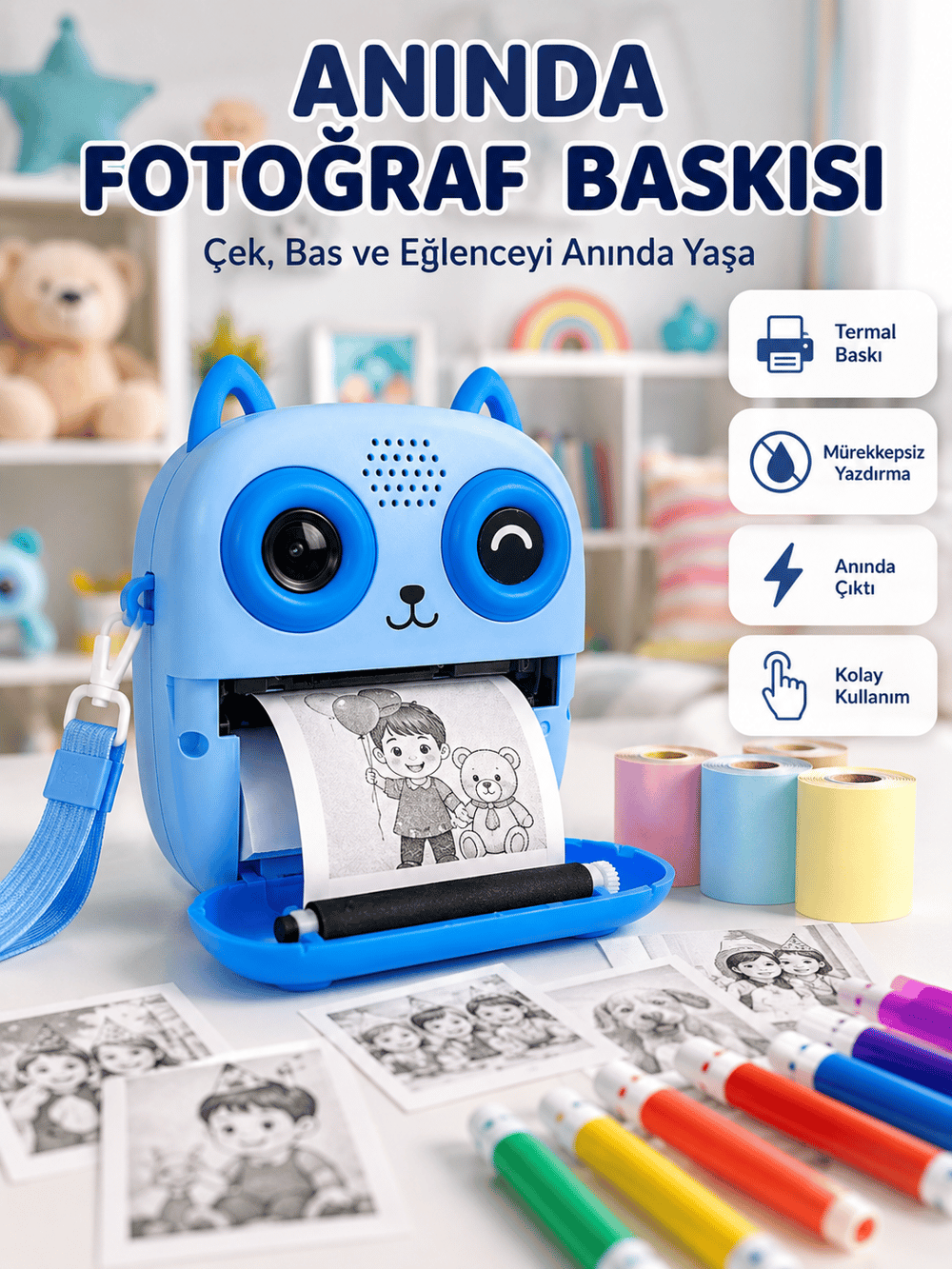 2.4'' IPS Ekranlı Çocuk Fotoğraf Makinesi HD Çekim ve Anında Baskı Keyfi