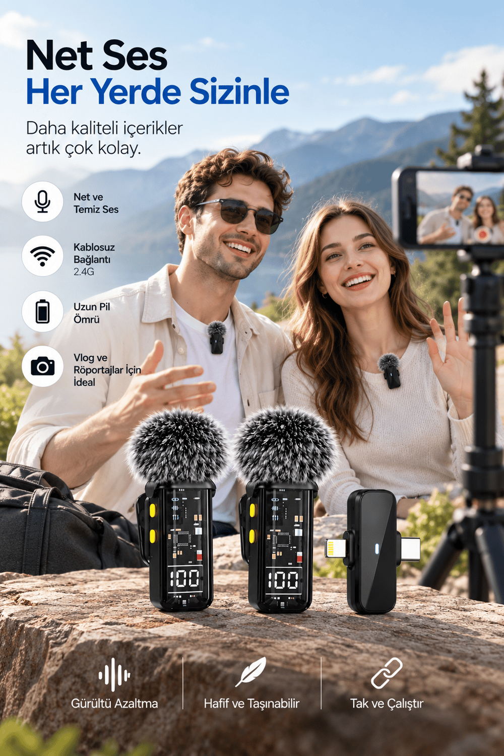 2.4G Kablosuz Çift Mikrofonlu Yaka Mikrofonu İçerik Üretim Seti