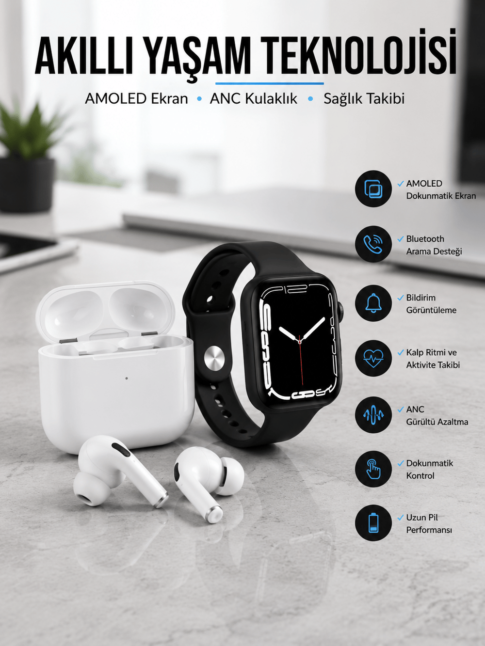 2025 Model Akıllı Saat ve Yeni Nesil Pro Bluetooth Kulaklık TWS Yüksek Ses Kaliteli