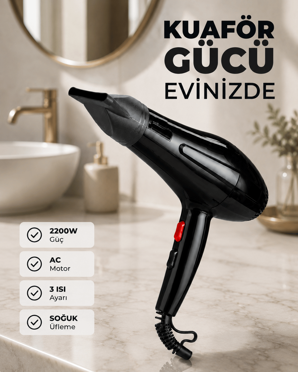 2200W Güçlü Motorlu Ergonomik Fön Makinesi