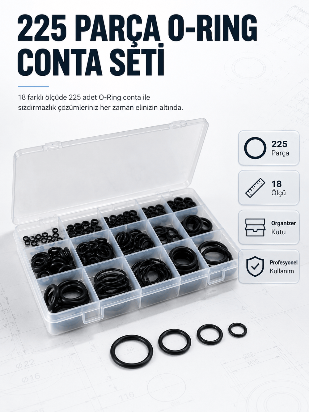 225 PCS O-Ring Conta Seti Profesyonel Tamir, Bakım ve Sızdırmazlık Çözümü