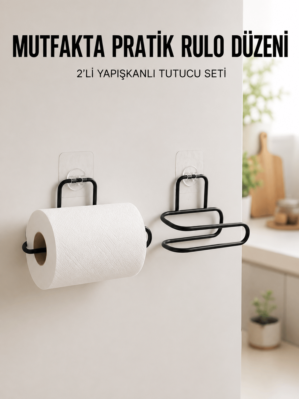 2’li Siyah Metal Rulo Kağıt Tutucu Yapışkanlı Banyo ve Mutfak Kağıtlık
