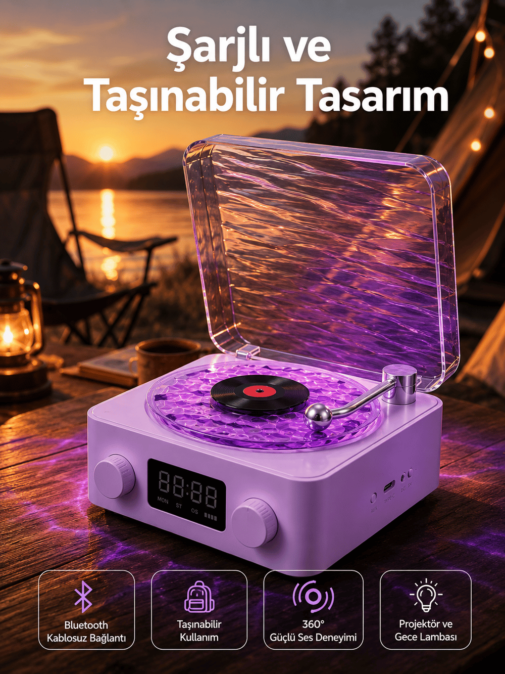 360° Sesli Kablosuz Hoparlör – Retro Tasarım ve Projektör Işığı