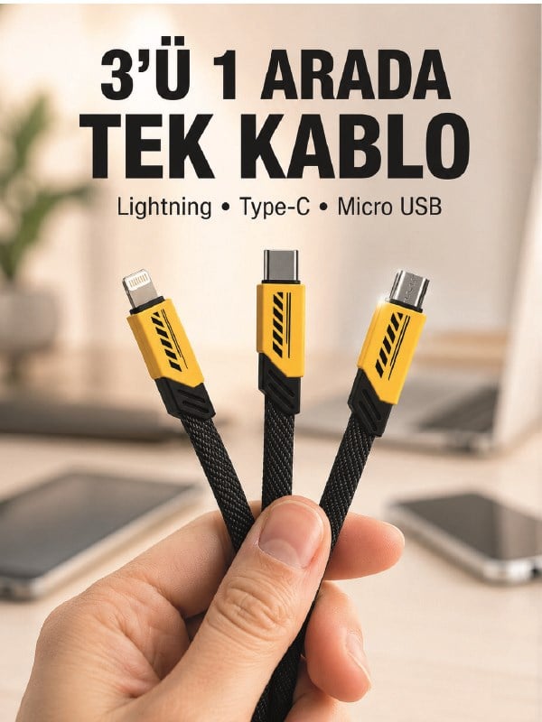 3'lü Şarj Kablosu Hızlı Şarj Destekli Dayanıklı Örgü USB Kablo