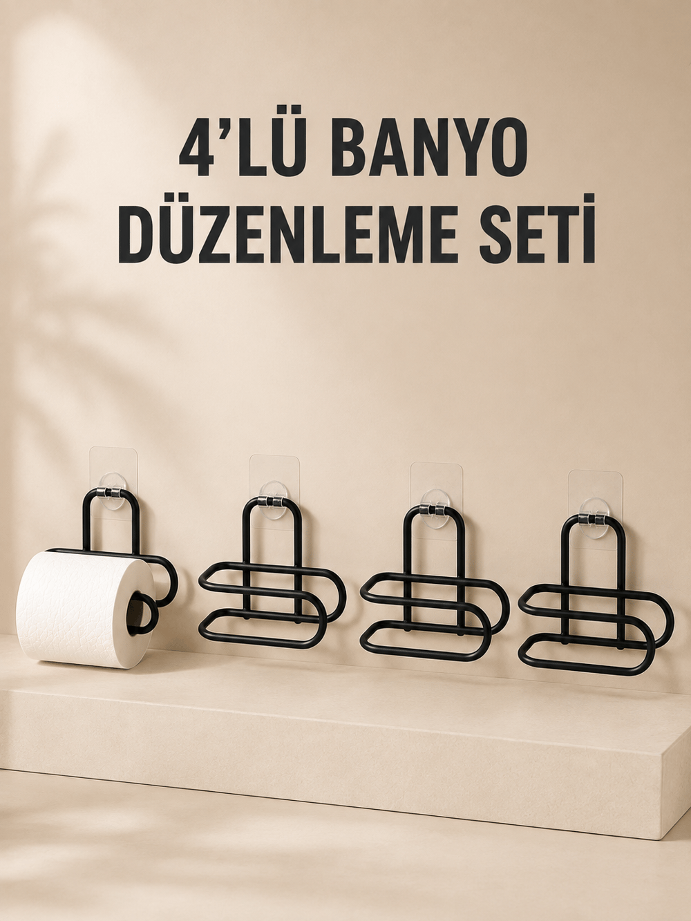 4 Adet Yapışkanlı Tuvalet Kağıdı Askısı Siyah Metal Delmeden Duvara Monte WC Kağıtlık