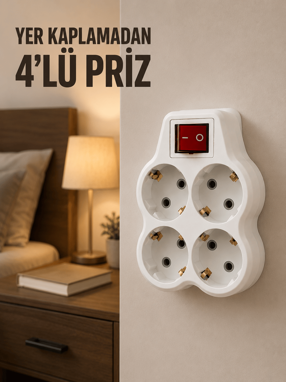 4’lü Priz Çoğaltıcı Açma Kapama Anahtarlı Kablosuz Duvar Tipi Priz Adaptörü