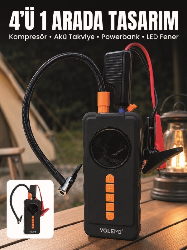 4'ü 1 Arada Akü Takviye Cihazı Dijital Lastik Şişirme Kompresörü 10000mAh Powerbank ve LED Fener