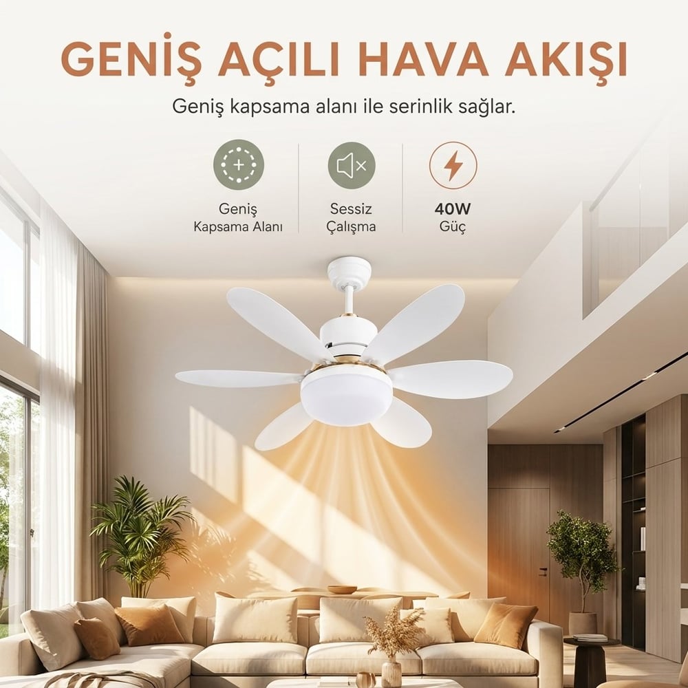 6 Kanatlı, Işıklı Sessiz Çalışma Tavan Tip Vantilatör 3 Işık Modu 3 Kademeli E27 Duy Uyumlu