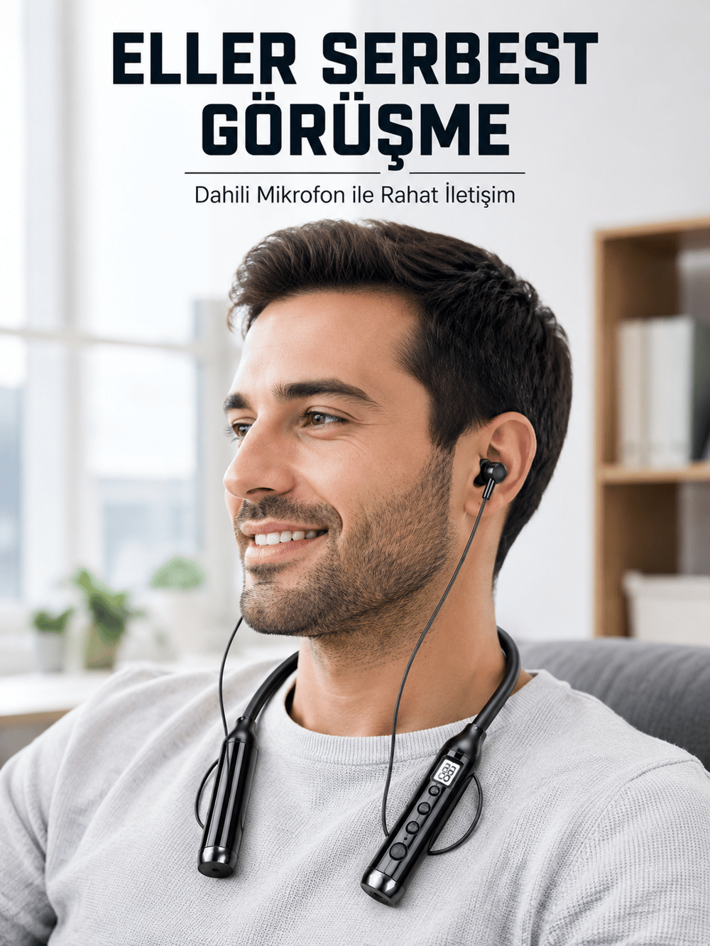 600 Saat Kullanım Süreli Boyun Tipi Bluetooth Kulaklık Mikrofonlu Dijital Göstergeli Kablosuz Kulak İçi Kulaklık