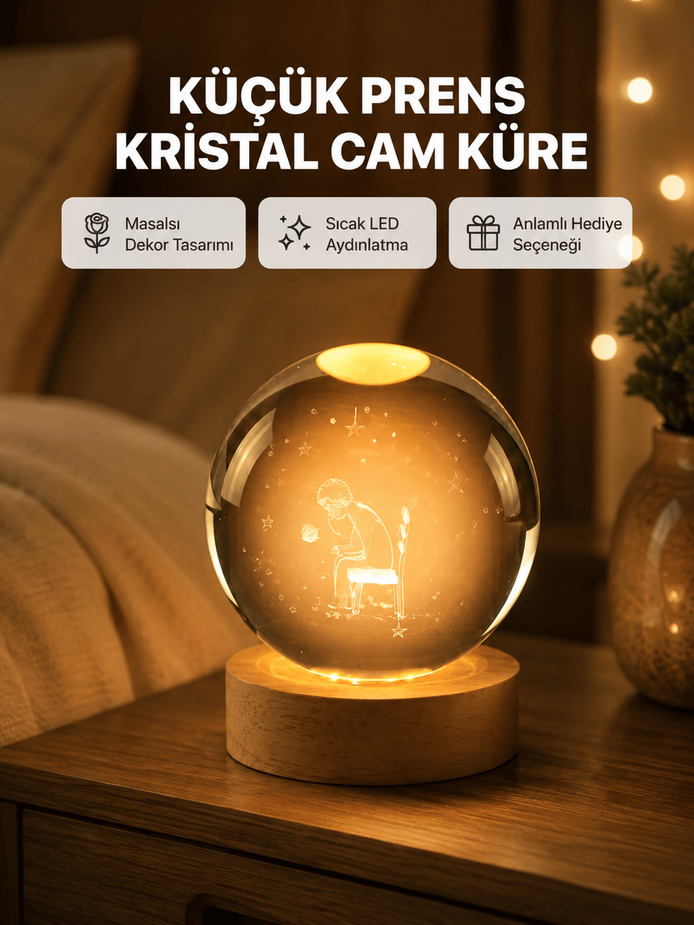 8 cm Küçük Prens Cam Küre USB Işıklı Ahşap Tabanlı Dekor