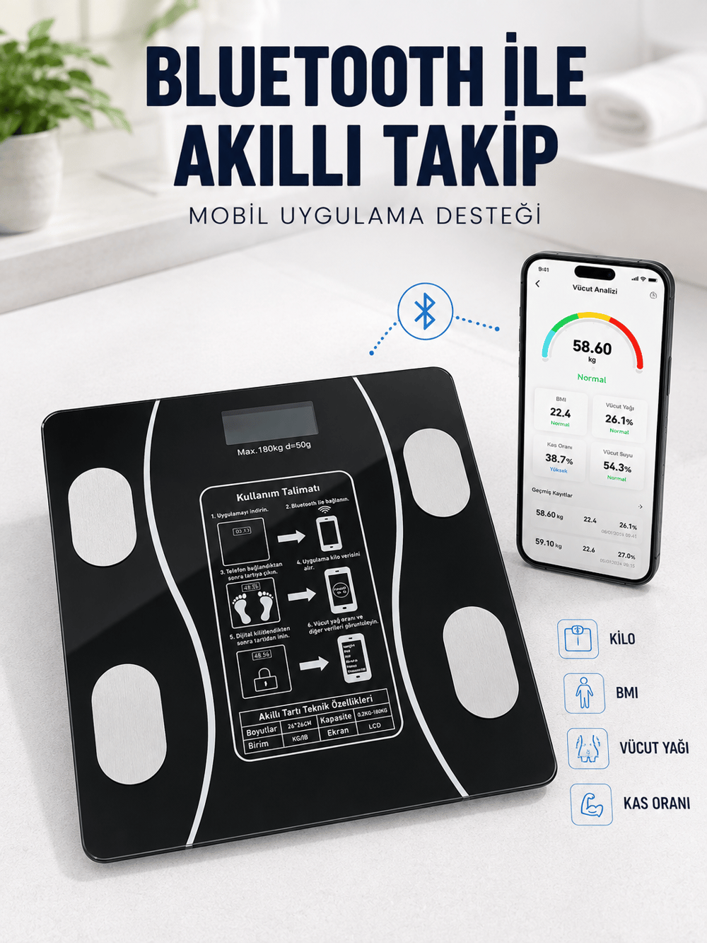 Akıllı Cam Baskül Bluetooth Mobil Uygulamalı Vücut Analiz Tartısı 180 Kg LCD Ekran