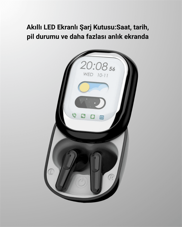 Akıllı Ekranlı Bluetooth 5.4 Kablosuz Kulaklık – Dokunmatik ve Şarj Kutulu