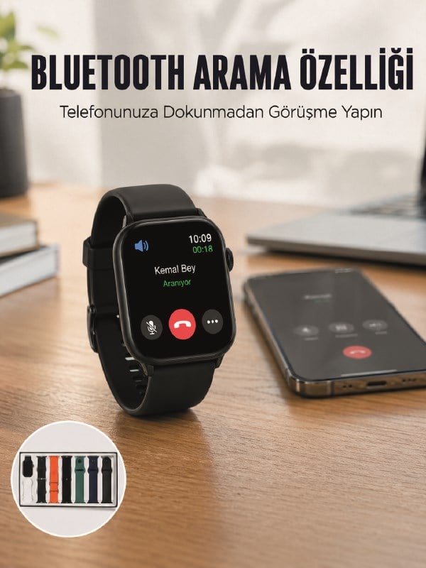 Akıllı Saat 7 Kordonlu Bluetooth Aramalı Nabız ve Dokunmatik Akıllı Saat