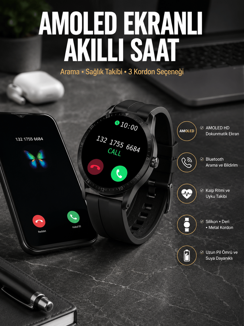 Akıllı Saat Amoled Ekran 3 Kordonlu NFC Ve GPS Uyumlu