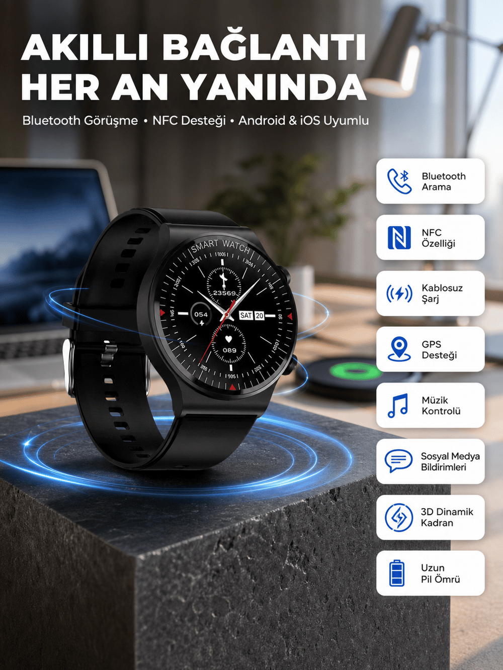 Akıllı Saat Yeni Nesil Üç Kordonlu Nabız Ölçer Çağrı Cevaplama