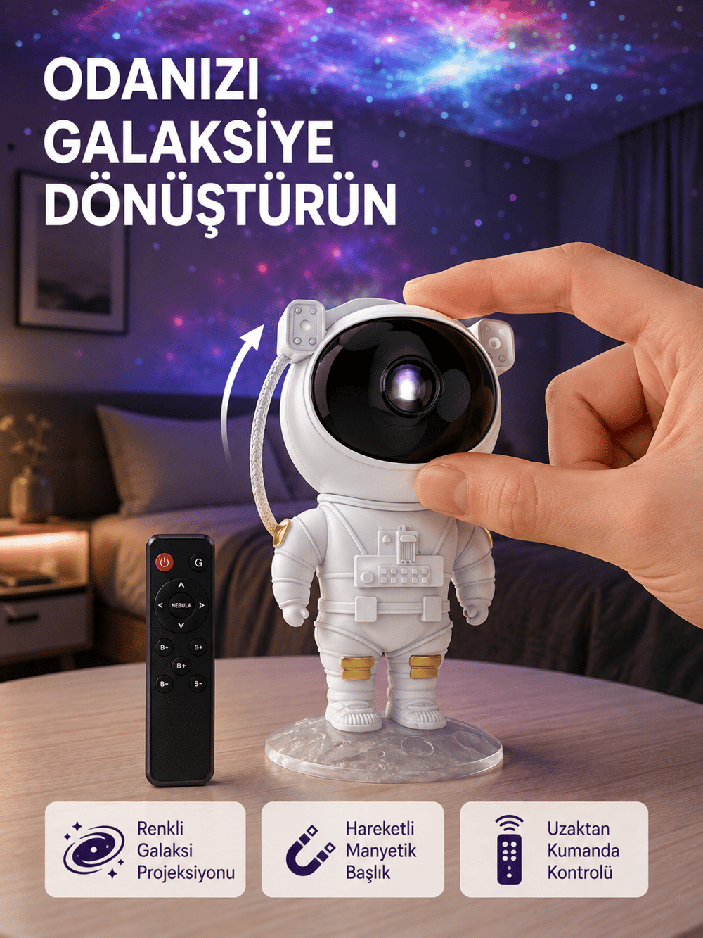 Astronot Şekilli Galaxy Projeksiyon Lambası Nebula Efektli Dekoratif Lamba