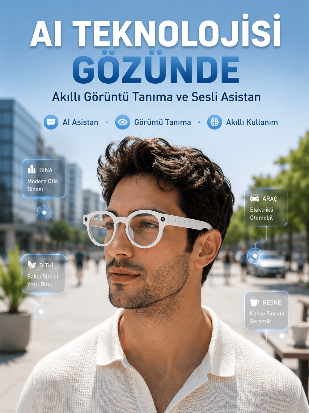 Beyaz 3 Lensli Akıllı Kamera Gözlüğü Yapay Zeka Sesli Asistan Görüntü Tanıma Bluetooth Görüşme ve Müzik Özellikli
