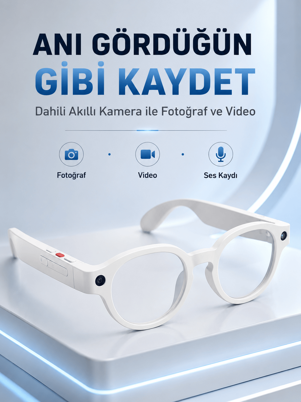 Beyaz Bluetooth Akıllı Gözlük Dahili Kameralı Fotoğraf Video Kayıt Yapay Zeka Çeviri Dokunmatik Kontrol Özellikli