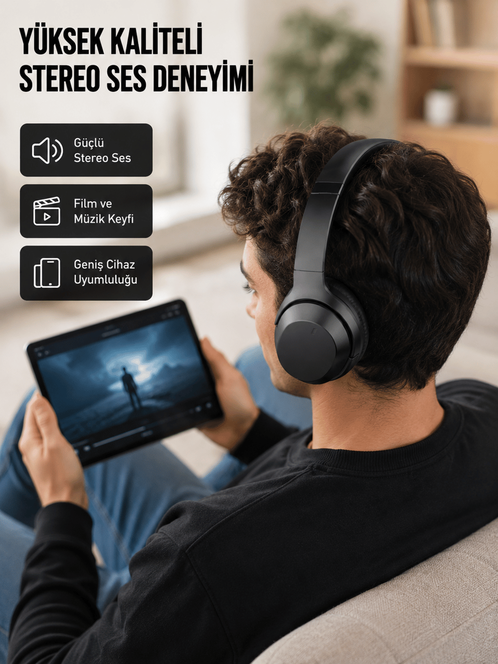 Bluetooth 5.0 Siyah Kablosuz Kulaklık 18 Saat Batarya Katlanabilir Tasarım Yeni Nesil