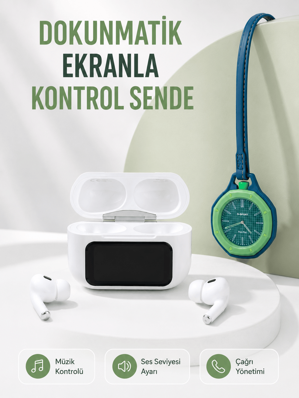 Bluetooth 5.4 Kablosuz Kulaklık Yeşil Askılı Analog Charm Saat İkili Set