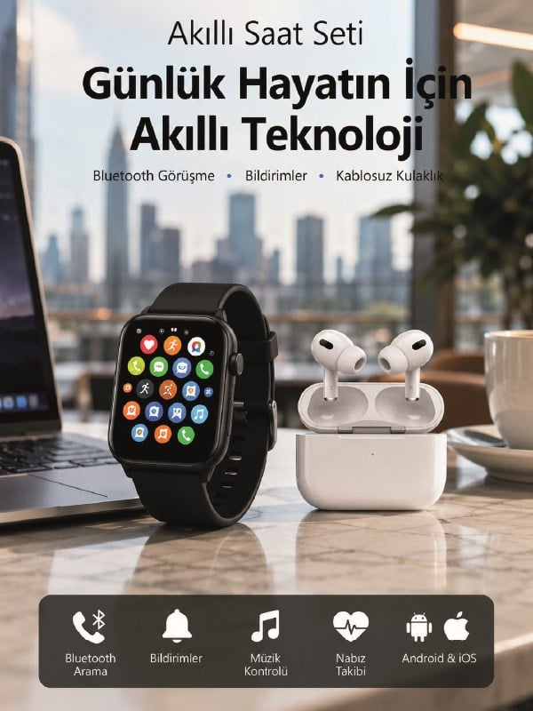 Bluetooth Arama Özellikli Akıllı Saat Seti Kablosuz Kulaklık Hediyeli, Android & iOS Uyumlu