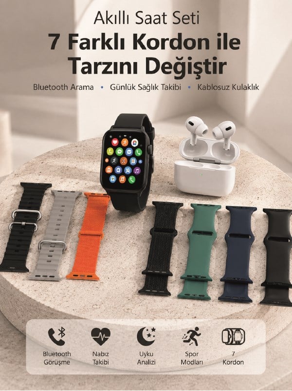 Bluetooth Görüşme Destekli Akıllı Saat Seti Kablosuz Kulaklık, 7 Kordon ve Çoklu Spor Modu