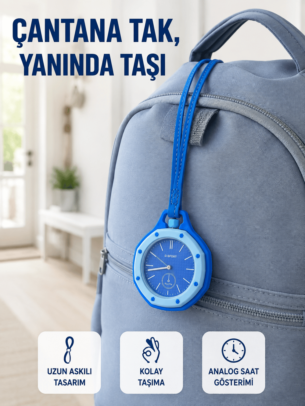 Çanta ve Anahtarlık İçin Askılı Analog Taşınabilir Charm Saat Mavi