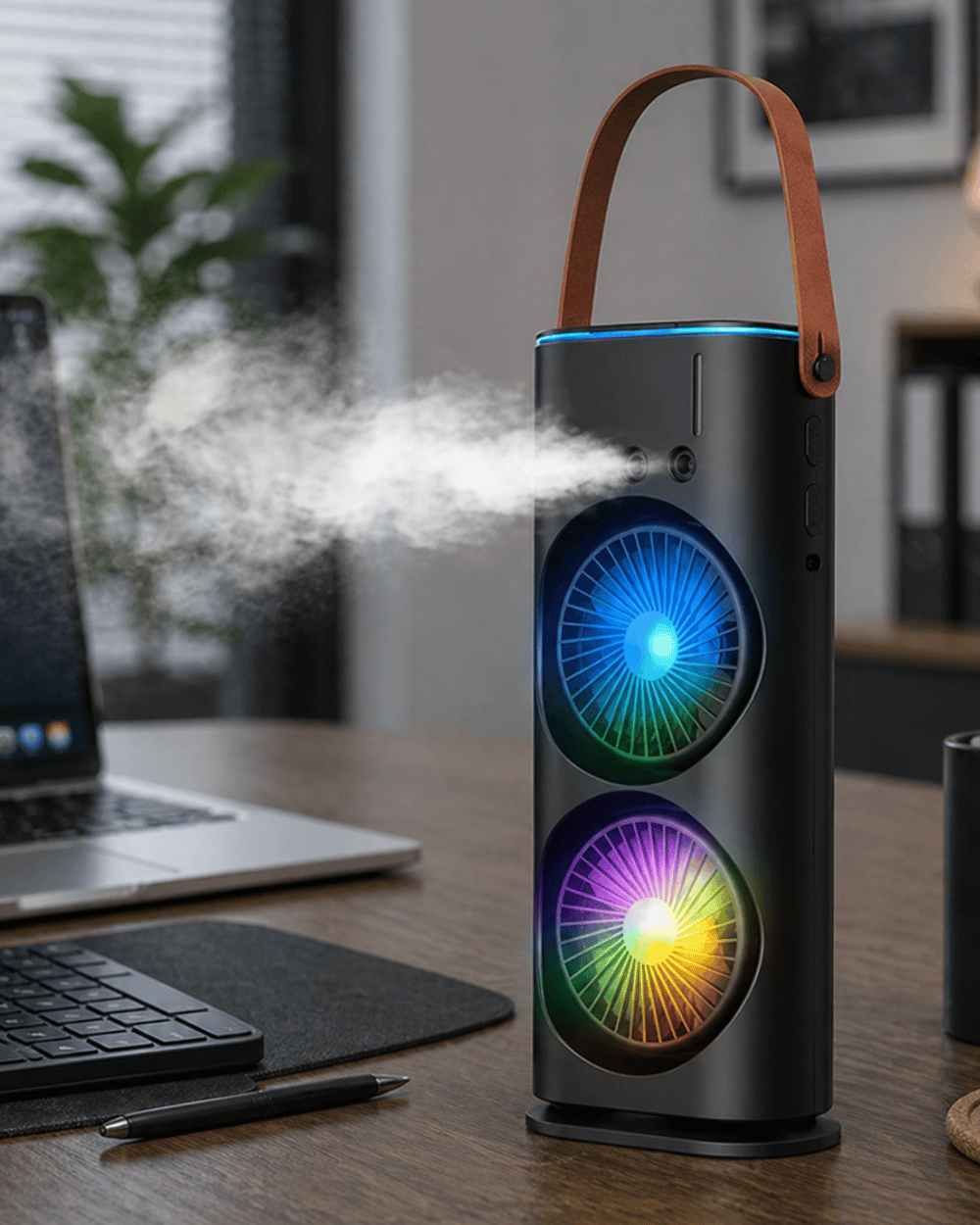 Çift Başlıklı Taşınabilir Fan RGB Işıklı Sprey Nemlendiricili Masaüstü Serinletici Fan