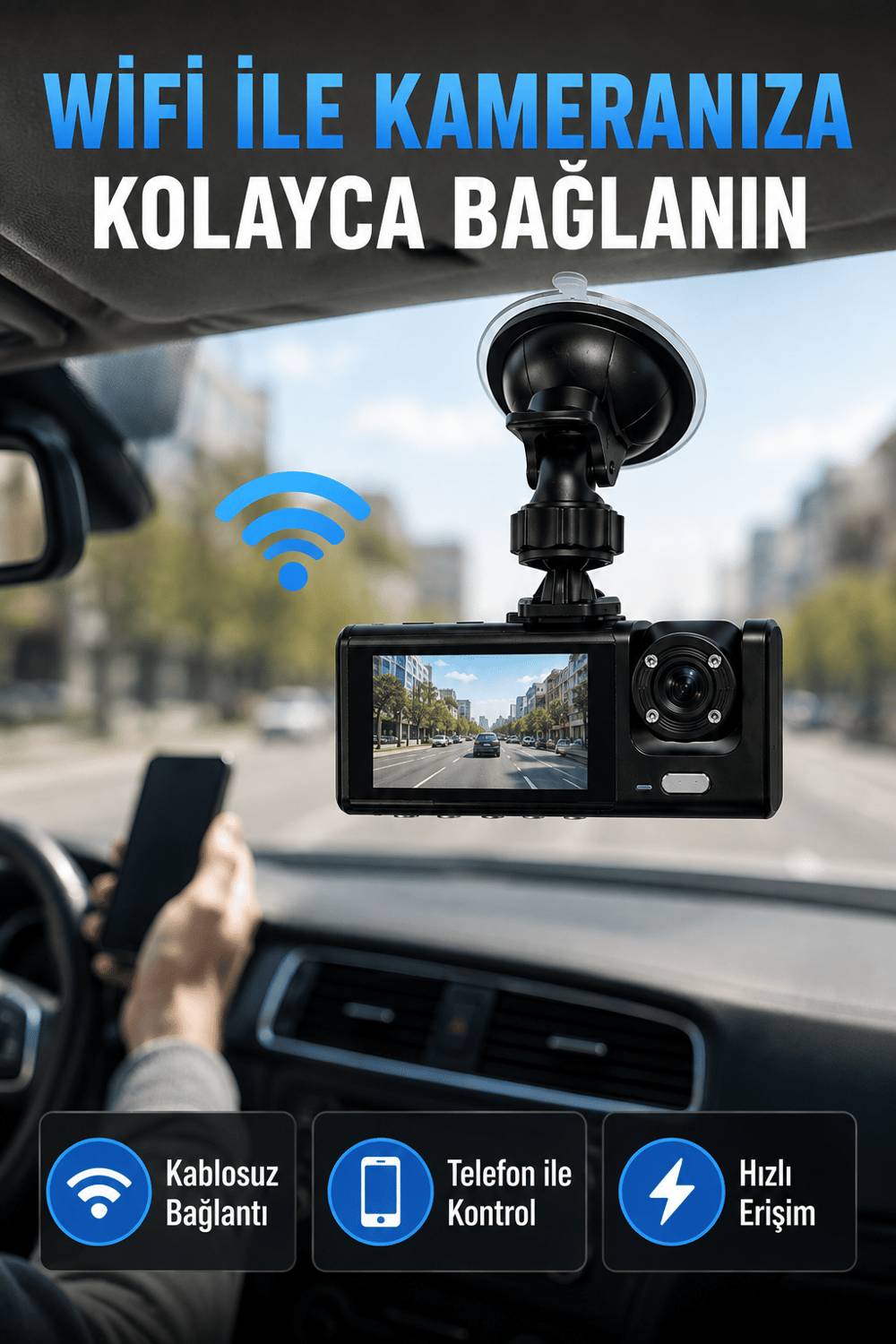 Çift Kameralı WiFi Araç Kamerası 170° Geniş Açı Full HD Araç İçi Kayıt Sistemi