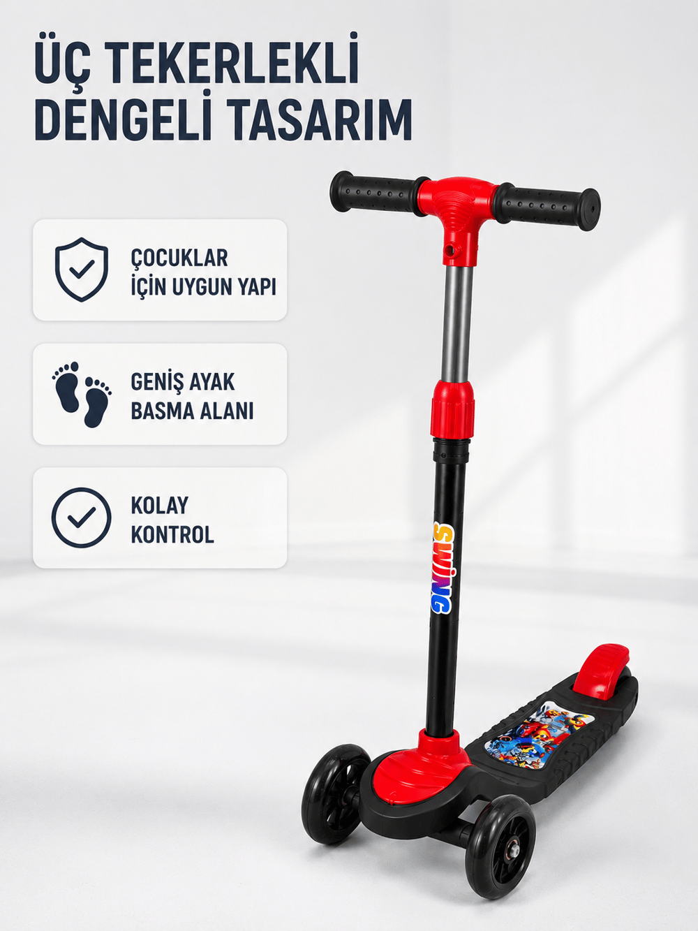 Çocuk Skuteri 3 Tekerlekli Geniş Basma Alanlı Ayarlanabilir Boy Scooter