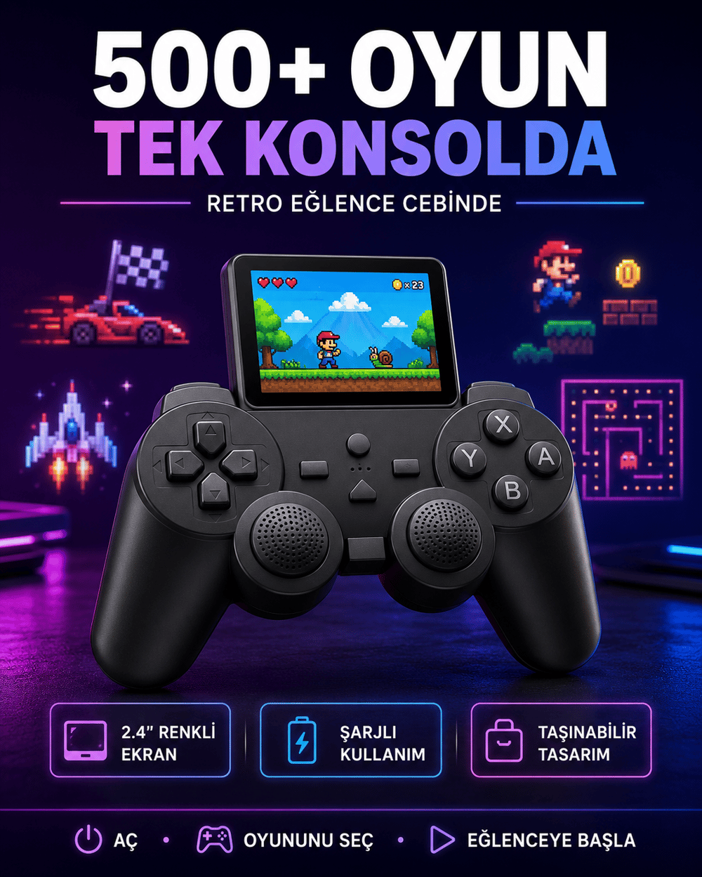 Çocuklar ve Yetişkinler İçin Uygun 500 Oyunlu Taşınabilir Mini Retro El Konsolu
