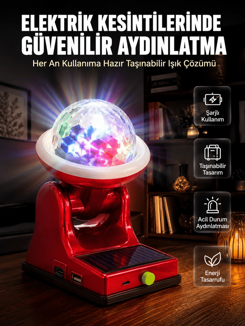 Çok Amaçlı Şarjlı LED Projektör Lamba Solar Enerjili RGB Ambiyans ve Parti Işığı