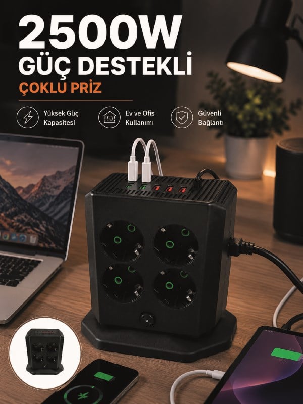 Çoklu Priz 8 Çıkışlı 4 USB 2 Type-C Anahtarlı Dikey Priz Kulesi