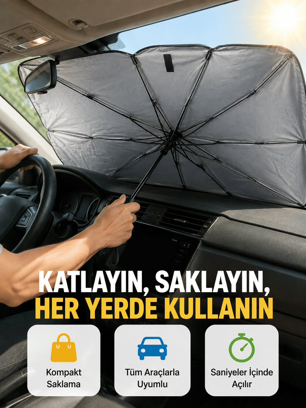 Dayanıklı UPE Alaşımlı Şemsiye Tipi Araç Güneşliği - Kolay Katlanır Yeni Nesil