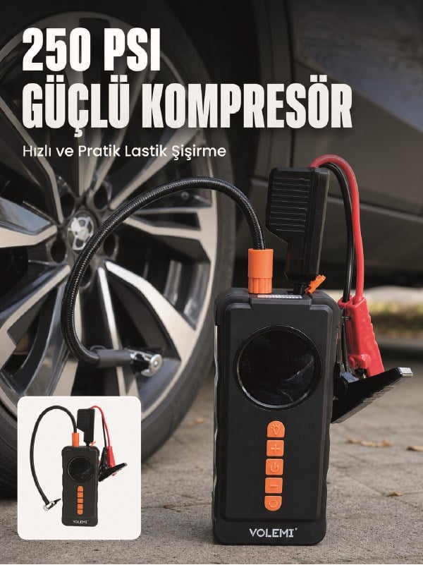 Dijital Araç Kompresörü 4 Fonksiyonlu Akü Takviye Lastik Şişirme Powerbank ve LED El Feneri