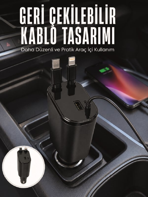 Dijital Voltaj Göstergeli Araç Şarj Cihazı Geri Çekilebilir Kablolu 4 Portlu Hızlı Şarj Adaptörü