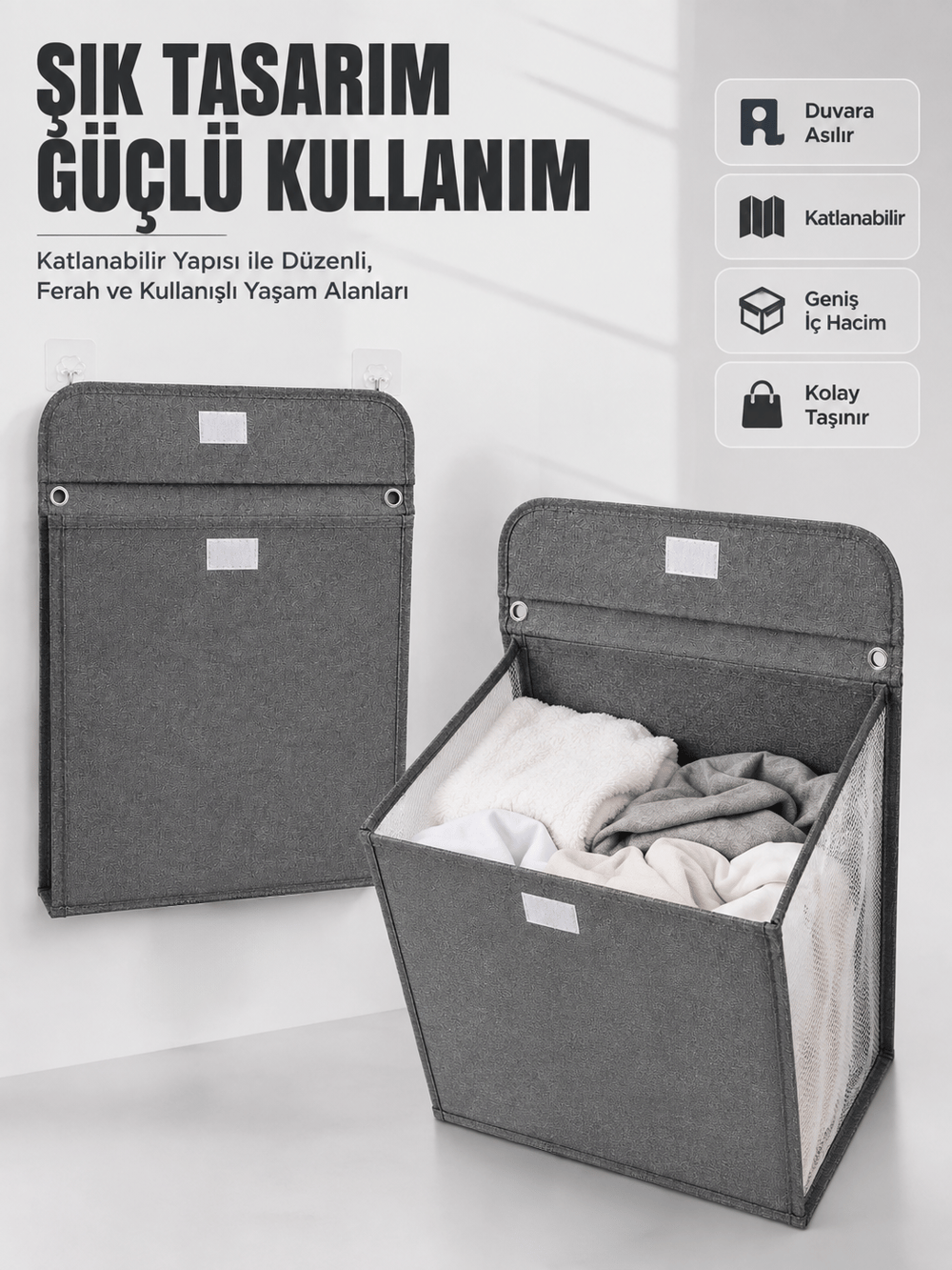 Duvara Asılabilir Katlanabilir Kirli Çamaşır Sepeti Geniş Hacimli Düzenleyici