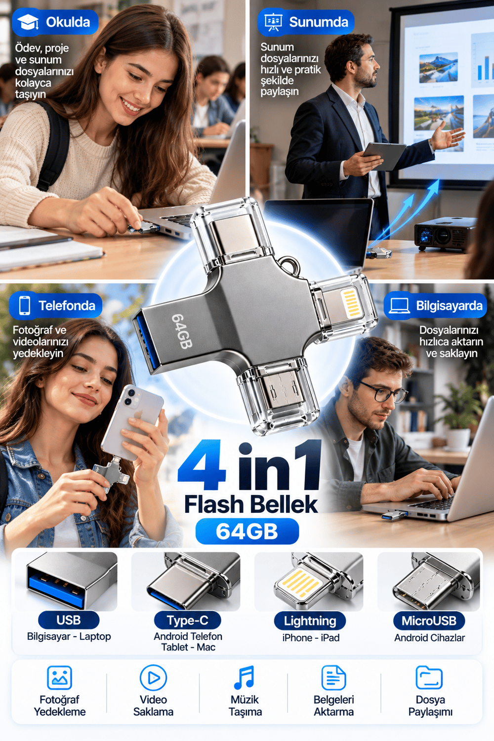 Fotoğraf Video Belge ve Dosyalarınızı Kolayca Aktarmanızı Sağlayan 64GB 4 Girişli Flash Bellek