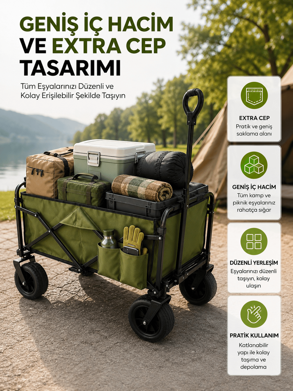 Geniş İç Hacimli Fren Sistemli Katlanabilir Kamp ve Piknik Arabası